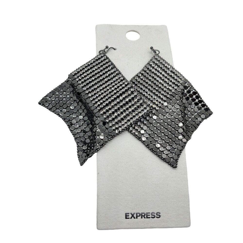 Express Earrings Metal Mesh Rhinestone Women Gunmetal Gray Retro New on Card
